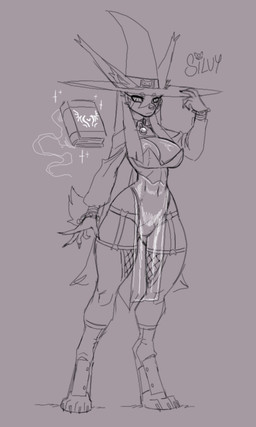 anthro bell bell_collar big_breasts biped breasts cleavage clothed clothing collar digitigrade eyelashes female grimoire hair hat headgear headwear jingle_bell jingle_bell_collar leotard levitating_object long_ears long_eyelashes long_hair magic magic_user shoulderless_topwear skimpy small_waist solo thick_thighs wide_hips witch witch_hat proxicute canid mammal 2025 hi_res sketch