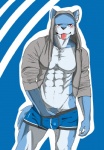 abs abstract_background anthro athletic biceps biped black_nose blue_body blue_fur blue_hair blush boxer_briefs bulge chest_tuft clothed clothing clothing_aside clothing_pull fur grey_clothing grey_hoodie grey_topwear hair hand_in_underwear hoodie jacket looking_at_viewer male muscular muscular_anthro open_clothing open_hoodie open_topwear partially_clothed pecs pose pubes red_eyes simple_background solo standing tongue tongue_out topwear tuft underwear underwear_aside underwear_pull white_body white_fur kenn canid canine canis domestic_dog husky mammal nordic_sled_dog spitz