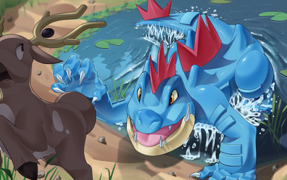 all_fours ambiguous_gender armor back_spikes big_mouth_(anatomy) blue_body body_armor brown_body claws countershade_torso countershading crawling duo feral grass head_spikes lily_pad plant pond reaching_towards_another rock sharp_teeth shoreline snout solo_focus spiked_tail spikes spikes_(anatomy) splash splashing_water tail teeth toe_claws tongue water counterecho nintendo pokemon feraligatr generation_2_pokemon mammal pokemon_(species) reptile scalie stantler