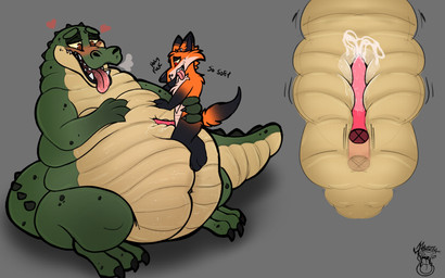 anthro belly_humping bellyjob bodily_fluids cum cum_on_belly cum_on_body genital_fluids male male/male overweight size_difference mawzzi mawzzi_(character) alligator alligatorid canid canine crocodilian fox mammal reptile scalie 16:10 hi_res widescreen