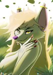 anthro blonde_hair breasts bust_up colored_nails female fur grass hair leaf nail_jewelry nails nature plant purple_nose red_nails rendered_background solo white_body white_fur yellow_eyes cachuchas arctic_fox canid canine fox mammal true_fox absurd_res hi_res