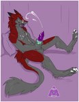 anthro balls bodily_fluids claws cum erection fur genital_fluids genitals hair male masturbation nude penile penile_masturbation penis red_body red_fur sex_toy solo tail conditional_dnp feline_element mammal sergal 2022 hi_res