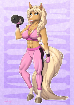 abs anthro athletic_wear bottomwear breasts clenched_teeth clothed clothing dumbbell exercise female fingerless_gloves fingers fur gloves gym_bottomwear hair handwear holding_dumbbell holding_object hooves muscular muscular_anthro muscular_female navel nipple_outline pants simple_background solo standing tail teeth topwear weightlifting weights workout dazzlekong athena_(dazzlekong) equid equine horse mammal digital_media_(artwork) hi_res