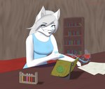 anthro blue_eyes book bookshelf breasts clothed clothing eyewear female fur fur_markings furniture glasses hair looking_at_viewer magic markings potion solo whiskers white_body white_fur white_hair kawaiiredpandas kate_(jacopthecroc) felid feline mammal absurd_res hi_res