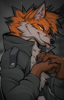 5_fingers anthro clothing fingers hands_together jacket lidded_eyes male solo tongue tongue_out topwear angiewolf monarch_(lth935) canid canine fox mammal 2021 digital_media_(artwork)