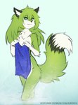 anthro blue_towel breasts female fur green_body green_eyes green_fur green_hair hair holding_object holding_towel partially_submerged smile solo towel elronya fan_character lynn canid canine fox mammal digital_media_(artwork)