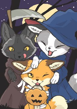 ambiguous_gender anthro black_body black_fur blue_clothing blush brown_body brown_fur clothing eyes_closed fangs food fur grey_body grey_fur group hat headgear headwear holidays licking licking_lips lips looking_at_viewer melee_weapon moon multicolored_body multicolored_fur night one_eye_closed open_mouth orange_body orange_fur outside pink_tongue plant polearm scythe semi-anthro tail teeth tongue tongue_out tree trio weapon white_body white_fur yellow_eyes fusau halloween canid canine fox mammal red_fox true_fox 2025 absurd_res hi_res