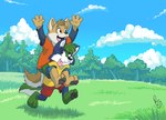 anthro blue_sky bottomwear clothing cloud detailed_background duo fur grass male male/male multicolored_body multicolored_fur plant raised_arm running shirt shorts sky t-shirt tongue tongue_out topwear tree young young_anthro young_male pandapaco kazan_(kazan.k) canid canine canis culpeo_fox fox mammal south_american_fox wolf digital_media_(artwork) shaded simple_shading