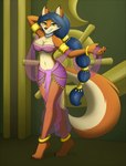 anthro belly_dancer blue_hair bracelet breasts clothed clothing female hair jewelry orange_body ring smile solo remarkably_average sly_cooper_(series) sony_corporation sony_interactive_entertainment sucker_punch_productions carmelita_fox canid canine fox mammal hi_res