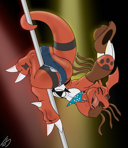 3_fingers 3_toes anthro armwear barefoot biceps black_body black_pawpads black_scales black_tail blue_bottomwear blue_clothing blue_kerchief blue_neckerchief blue_shorts bottomwear brown_armwear brown_clothing brown_hat brown_headwear bulge butt butt_cleavage claw_fingers claws clothed clothed_anthro clothed_male clothing cowboy_hat denim denim_bottomwear denim_clothing denim_shorts eyelashes eyes_closed featureless_chest feet fingers hat headgear headwear holding_clothing holding_hat holding_headgear holding_headwear holding_object hotpants kerchief male male_anthro multicolored_kerchief multicolored_neckerchief neckerchief neckwear open_mouth pattern_kerchief pattern_neckerchief pawpads pink_tongue pockets pole red_body red_scales red_tail scales sharp_teeth shorts snout solo spotted_kerchief spotted_neckerchief stripper stripper_pole tail tapering_tail teeth toe_claws toes tongue topless topless_anthro topless_male two_tone_kerchief two_tone_neckerchief two_tone_tail upside_down white_body white_claws white_kerchief white_neckerchief white_scales theoryofstrings bandai_namco digimon digimon_(species) guilmon reptile scalie 2025 absurd_res hi_res signature