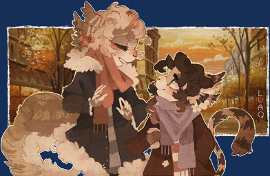 anthro autumn beverage coffee date detailed_background duo female fluffy outside sunset luaq felid mammal alpha_channel