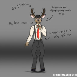accessory anthro antlers black_hair brown_eyes caption clothing collared_shirt dress_pants dress_shirt formal_wear gesture hair hand_gesture hooves horn looking_at_viewer male necktie scut_tail shirt short_tail simple_background slacks smile solo suspenders tail text tie_clip topwear unguligrade gentlemanquentin talbot_hawthorne_(gentlemanquentin) black-tailed_deer deer mammal 1:1 english_text hi_res