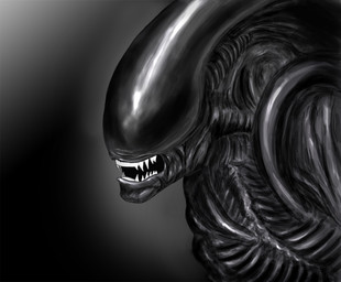 ambiguous_gender black_body open_mouth sharp_teeth simple_background solo teeth madzee alien_(franchise) alien xenomorph 2007 bust_portrait digital_media_(artwork) greyscale monochrome portrait source_request