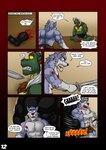 abs amputation angry anthro attack blood blood_on_arm blood_on_chest blood_on_mouth blood_splatter blue_eyes bob_(vju79) bodily_fluids broken_horn canid canine canis cape clenched_teeth clothed clothing comic complaining cuff_(restraint) dialogue dragon dropping_weapon english_text fight flashback fur gervic_(vju79) gore green_body green_scales grey_body grey_fur group grunting hair hi_res holding_object holding_weapon horn imminent_death interrupted javecc_(vju79) leather leather_clothing leather_cuffs leather_legwear leather_stockings legwear long_hair macro male mammal melee_weapon missing_leg muscular muscular_anthro muscular_male mythological_creature mythological_scalie mythology open_mouth pain pecs profanity punch rag restraints scales scalie severed_body_part severed_limb shadowy_figure size_difference sound_effects stockings surprise_attack sword teeth text topless torn_cape torn_clothing vju79 weapon white_hair wingless_dragon wolf yellow_sclera