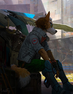 anthro arwing black_nose boots bottomwear brown_body brown_fur clothing detailed_background dipstick_tail fingerless_gloves footwear fur gloves green_bottomwear green_clothing green_eyes green_pants grey_clothing grey_jacket grey_topwear gun handwear jacket male markings pants ranged_weapon shoes sitting snout solo tail tail_markings topwear weapon white_body white_fur lofi nintendo star_fox fox_mccloud canid canine fox mammal red_fox true_fox hi_res shaded signature