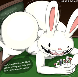 4_fingers anthro big_butt butt dialogue emanata fingers fur long_ears male open_mouth pink_nose poker_chip sharp_teeth small_tail smile solo speech_bubble tail teeth text white_body white_fur pizzaozzy poker_night_at_the_inventory sam_and_max max_(sam_and_max) lagomorph leporid mammal rabbit 2026 digital_drawing_(artwork) digital_media_(artwork) english_description english_text