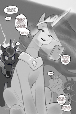 cellphone dialogue duo electronics female feral fur hair headphones long_hair open_mouth phone pupils quadruped simple_background sitting speech_bubble standing talking_to_another text thick_thighs thought_bubble sincastermon friendship_is_magic hasbro my_little_pony princess_celestia_(mlp) princess_luna_(mlp) equid equine mammal hi_res monochrome sibling_(lore) sister_(lore) sisters_(lore)