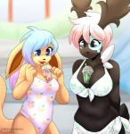 anthro bikini blue_eyes breast_size_difference breasts brown_body brown_fur clothing duo female fur hair midriff object_between_breasts one-piece_swimsuit pink_hair purple_hair swimwear tan_body tan_fur two-piece_swimsuit white_hair freeze-pop88 hands-free_bubble_tea nintendo pokemon fan_character skymin eevee generation_1_pokemon generation_4_pokemon legendary_pokemon pokemon_(species) shaymin sky_forme_shaymin meme