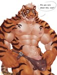 abs anthro areola barazoku biceps black_body black_fur black_stripes blue_eyes bulge clothed clothing eyebrows fur genitals hair jockstrap male muscular muscular_anthro muscular_male muscular_thighs navel nipples offscreen_character open_mouth orange_body orange_fur pecs penis pubes quads solo speech_bubble striped_body striped_fur stripes talking_to_another tan_body tan_fur tan_hair teeth text thick_thighs tongue underwear underwear_only vein veiny_penis thekillwolf nekojishi studio_klondike lin_hu felid mammal pantherine tiger 2022 3:4 absurd_res artist_name digital_media_(artwork) english_text hi_res