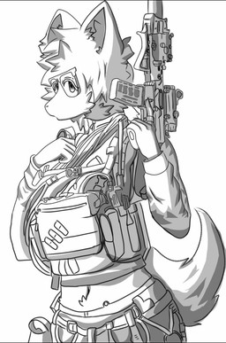 anthro bulletproof_vest eyewear female glasses gun hecate_(arena_breakout) ranged_weapon sig_mcx solo tactical text weapon unknown_artist arena_breakout mammal unknown_species chinese_text hi_res monochrome