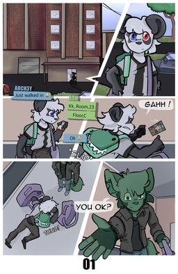 backpack black_clothing black_ears black_jacket black_shirt black_tail black_topwear blue_eyes bottomwear car clothing dialogue duo fur green_backpack green_body green_eyes green_fur heterochromia jacket male onomatopoeia pants plant red_eyes shirt sound_effects speech_bubble tail text topwear tree vehicle white_body white_fur arch3y absurd_res comic english_text hi_res