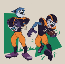 anthro armor beak blue_body bodily_fluids cleats clothing compression_sleeve football_gear football_helmet football_jersey football_pants football_player furgonomic_headwear furgonomics gloves grass handwear headgear helmet holding_armor holding_headgear holding_helmet holding_object hunched_over looking_at_viewer male mouthguard number_on_clothing plant running solo sweat sweatdrop owy owy_(character) avian bird owl 2023 hi_res
