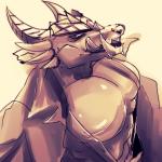 anthro clothed clothing horn looking_at_viewer male muscular muscular_anthro muscular_male open_clothing open_shirt open_topwear partially_clothed pecs shirt simple_background solo spikes three-quarter_view tongue tongue_out topwear yu_chi_i lifewonders mythology tokyo_afterschool_summoners ophion_(tas) dragon mythological_creature mythological_scalie scalie 1:1 2018 half-length_portrait portrait restricted_palette