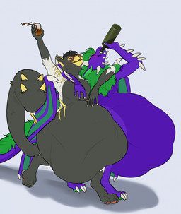 anthro belly big_belly black_hair bottle container drinking duo eyes_closed fur green_hair green_wings grey_body grey_fur hair holding_bottle holding_container holding_glass holding_object huge_belly male markings membrane_(anatomy) membranous_wings nude orange_eyes purple_body simple_background tail tail_mouth unusual_anatomy unusual_tail vore walking white_background white_body white_fur wings yellow_markings roobin mythology cayden_(caydenthecat) dragon felid mammal mythological_creature mythological_scalie scalie hi_res