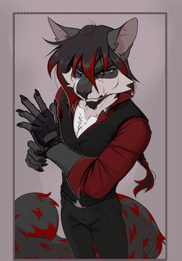 anthro black_body black_bottomwear black_clothing black_fur black_pants blue_eyes bottomwear cheek_tuft clothing collarbone facial_hair facial_tuft fingerless_gloves fluffy fluffy_tail formal_wear fur furrowed_eyebrows gloves goatee hair handwear highlights_(coloring) long_hair male nails pants ponytail pose pulling_gloves red_clothing red_shirt red_topwear rolled_up_sleeves shirt simple_background sleeveless_jacket solo standing stern_look tail toned_body topwear tuft white_body white_fur kaurimoon turianel domestic_cat felid feline felis maine_coon mammal absurd_res hi_res