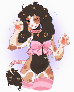 5_fingers accessory anthro blush bottomless brown_eyebrows brown_eyes brown_hair clothed clothing collar collar_tag ear_piercing eyebrows eyelashes featureless_crotch female fingers fur hair hair_accessory hairclip legwear markings multicolored_body multicolored_fur navel pawpads piercing pink_clothing pink_collar pink_pawpads pink_stockings pink_topwear pose solo spots spotted_body spotted_fur stockings tail tongue tongue_out topwear cepto_(artist) canid canine canis domestic_dog mammal poodle colored digital_drawing_(artwork) digital_media_(artwork) hi_res shaded