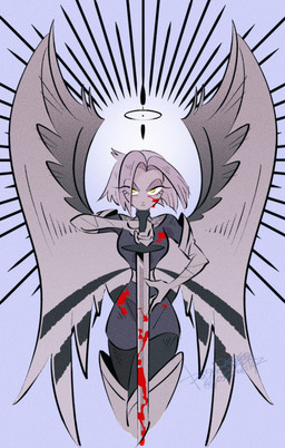 blood blood_on_clothing bodily_fluids clothing feathered_wings feathers female halo melee_weapon not_furry solo sword weapon wings yasutak1192 hazbin_hotel hellaverse lute_(hazbin_hotel) angel angel_humanoid humanoid absurd_res hi_res