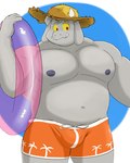 anthro bottomwear bulge clothing fur grey_body grey_fur hat headgear headwear horn male musclegut muscular muscular_anthro muscular_male navel nipples pecs shorts solo straw_hat swim_ring swimwear falls-down-steps kings_of_hell enfer_belial bovid caprine goat mammal 4:5 hi_res