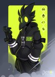 5_fingers abstract_background anthro beak black_body black_bottomwear black_clothing black_fingerless_gloves black_gloves black_hair black_handwear black_hoodie black_pants black_topwear bottomwear cjk_character clothed clothing empty_eyes fingerless_gloves fingers front_view fully_clothed gloves glowing glowing_eyes green_eyes grey_clothing grey_shirt grey_topwear hair hand_in_pocket handwear hoodie male pants pockets shirt solo standing streetwear techwear text text_on_clothing text_on_hoodie text_on_topwear three-quarter_view topwear phosphoruscrow ryze_(phosphoruscrow) avian bird corvid corvus_(genus) crow oscine passerine 2023 digital_media_(artwork) hi_res portrait shaded signature soft_shading three-quarter_portrait
