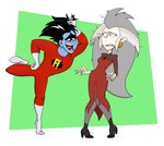 bodysuit boots clothing disgust duo eye_contact female footwear gloves hair handwear high_heeled_boots high_heels humanoid_pointy_ears long_hair looking_at_another male not_furry open_mouth pale_skin pointy_ears shoes simple_background skinsuit teeth tight_clothing scottforester17 disney freakazoid! the_owl_house eda_clawthorne freakazoid human humanoid mammal witch_(the_owl_house) crossover hi_res