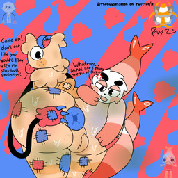 anthro anus balls big_butt blep blush bubble_butt butt claws dog_ears duo fur genitals male nude plushie puckered_anus simple_background tail text thick_thighs tongue tongue_out upset freewaythecat blushcrunch_studio dandy's_world roblox goob_(dandy's_world) shrimpo_(dandy's_world) arthropod canid canine canis crustacean domestic_dog mammal marine shrimp toon_(dandy's_world) digital_media_(artwork) hi_res