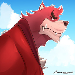 anthro blue_sky cheek_tuft chin_tuft clothed clothing cloud facial_tuft fur head_tuft looking_at_viewer male mouth_closed narrowed_eyes neck_tuft outside red_body red_clothing red_eyes red_fur red_topwear side_view sky solo topwear tuft crazydrak the_boy_and_the_beast kumatetsu bear mammal 1:1 2023 absurd_res dated hi_res