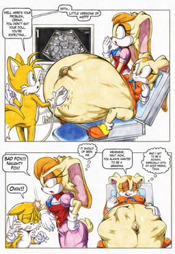 anthro belly big_belly breasts clothing dress female fur gloves group handwear huge_belly male orange_body orange_fur pregnant pregnant_female speech_bubble text killboo sega sonic_the_hedgehog_(series) cream_the_rabbit miles_prower tails_doll vanilla_the_rabbit canid canine fox lagomorph leporid mammal rabbit 2026 absurd_res hi_res