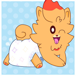 3_toes big_diaper border clean_diaper clothed clothing cloud_emanata diaper diaper_only diaper_puff dotted_background emanata feet happy looking_at_viewer male one_eye_closed open_mouth orange_body pattern_background pawpads red_pawpads simple_background smile solo starry_diaper toes tongue tongue_out topless wearing_diaper white_border wink winking_at_viewer shinysylbreon444 nintendo pokemon canid canine generation_10_pokemon mammal pokemon_(species) pombon 1:1 digital_media_(artwork) hi_res