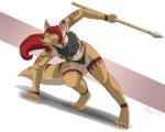 5_fingers anthro clothing female fingers fur hair melee_weapon panties polearm pose red_hair shirt solo spear tan_body tan_fur topwear underwear weapon yellow_eyes cayo malani canid canine canis coyote mammal 2014