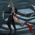 anthro claws clothed clothing female fur knife long_tail red_body red_fur rogue simple_background solo tail white_body white_fur yellow_eyes aydaharart artfight2024 sheza sergal 1:1 absurd_res hi_res