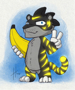 anthro black_body black_fur blue_eyes chibi closed_smile featureless_crotch fur gesture grey_body grey_fur hand_gesture holding_banana looking_at_viewer male male_anthro markings mouth_closed nude simple_background smile solo standing striped_arms striped_legs striped_markings striped_tail stripes tail tail_markings v_sign hufnaar felid mammal 2018 dated