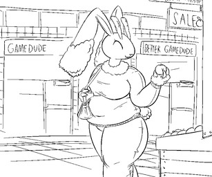 3_fingers anthro apple belly bottomwear breasts clothing detailed_background door eyelashes eyes_closed female fingers floppy_ears food fruit holding_apple holding_food holding_fruit holding_object long_ears mall mature_female medium_breasts navel_outline overweight overweight_anthro overweight_female pants plant pokemorph purse scut_tail shopping short_tail sign solo sweater tail text thick_thighs three-quarter_view topwear walking thatoneaceguy nintendo pokemon generation_4_pokemon lopunny pokemon_(species) aliasing black_and_white digital_media_(artwork) english_text monochrome