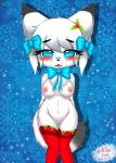 2016 absurd_res anthro areola blush bodily_fluids breasts canid canine chest_tuft chibi christmas clothing crying digital_media_(artwork) eyelashes female fox fur genitals hair hi_res holidays kemono legwear looking_at_viewer mammal milkteafox nipples pussy simple_background smile snowflake solo standing stockings tears tuft underwear white_body white_fur