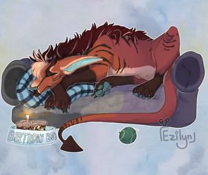 ambiguous_feral ambiguous_gender ball birthday_cake blue_inner_ear blue_nose blue_pawpads bowl brown_markings cake candle claws container countershade_torso countershading crossed_arms dessert dog_bed eyes_closed feral fire flannel food horn long_ears long_tail lying mane markings on_front orange_body pawpads paws pet_bed pet_bowl pillow pointy_ears simple_background sleeping small_horn solo tail text textured_background ezilyn hybrid 2026 digital_drawing_(artwork) digital_media_(artwork) english_text handwritten_text hi_res signature