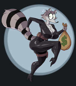 anthro big_breasts big_butt big_eyes black_bodysuit black_clothing black_latex black_skinsuit bodily_fluids bodysuit boots breasts butt clothed clothing coin currency_symbol dollar_sign female female_anthro femme_fatale footwear fur high_heeled_boots high_heels latex latex_bodysuit latex_clothing latex_skinsuit markings money money_bag money_sign nervous nervous_sweat pouch_(clothing) raccoon_tail ring ring_(marking) ringed_tail shocked shoes simple_background skinsuit solo spotlight spotlight_beam striped_markings striped_tail stripes sweat symbol tail tail_markings thief tight_clothing toastiepumpkin uva_the_raccoon mammal procyonid raccoon hi_res