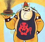 anthro apron apron_only bracelet burnt_food clothing collar eyes_closed food hair jewelry male musclegut muscular orange_hair pancake shell smoke solo spiked_bracelet spiked_collar spiked_shell spikes spikes_(anatomy) yellow_body jasperthecrab mario_bros nintendo bowser koopa scalie hi_res