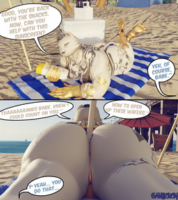 anthro beach beach_towel bikini black_hair bottle butt butt_focus cheek_tuft clothing container dialogue facial_tuft fur fur_tuft gold_body hair holding_bottle holding_container holding_object male muscular muscular_anthro muscular_male offscreen_character sand sea solo speech_bubble swimwear tail tattoo text towel tuft two-piece_swimsuit water white_body white_fur camseven meowdas domestic_cat felid feline felis mammal 3d_(artwork) comic digital_media_(artwork) english_text hi_res