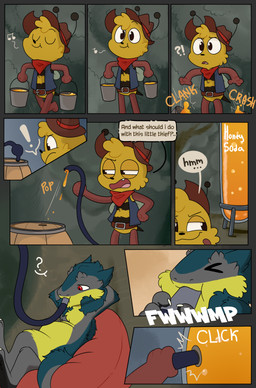 anthro cartoon_logic claws dialogue fur grass green_body green_fur grey_body grey_fur hose male paws plant red_eyes smile smirk tail tail_tuft text toony tuft yellow_body yellow_fur littleredguy brom_(sahurus) arthropod bee hymenopteran insect sergal absurd_res comic english_text hi_res