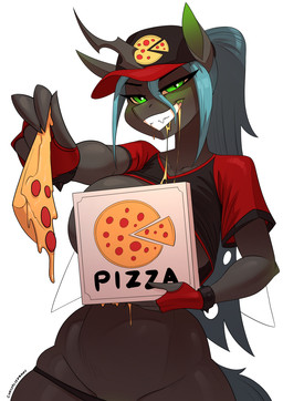 anthro biped black_body black_clothing black_hat black_headwear black_topwear box clothed clothed_anthro clothed_female clothing container female female_anthro fingerless_gloves food gloves green_eyes handwear hat headgear headwear looking_at_viewer pizza pizza_box red_clothing red_gloves red_handwear red_hat red_headwear red_topwear simple_background smile solo standing topwear white_background chrysalisdraws friendship_is_magic hasbro my_little_pony queen_chrysalis_(mlp) changeling_(mlp) 2026 hi_res