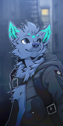 alley anthro backpack blurred_background building city clothing fur hoodie male multicolored_body multicolored_fur smile solo text topwear angiewolf canid canine canis domestic_dog mammal 2022 artist_name hi_res watermark